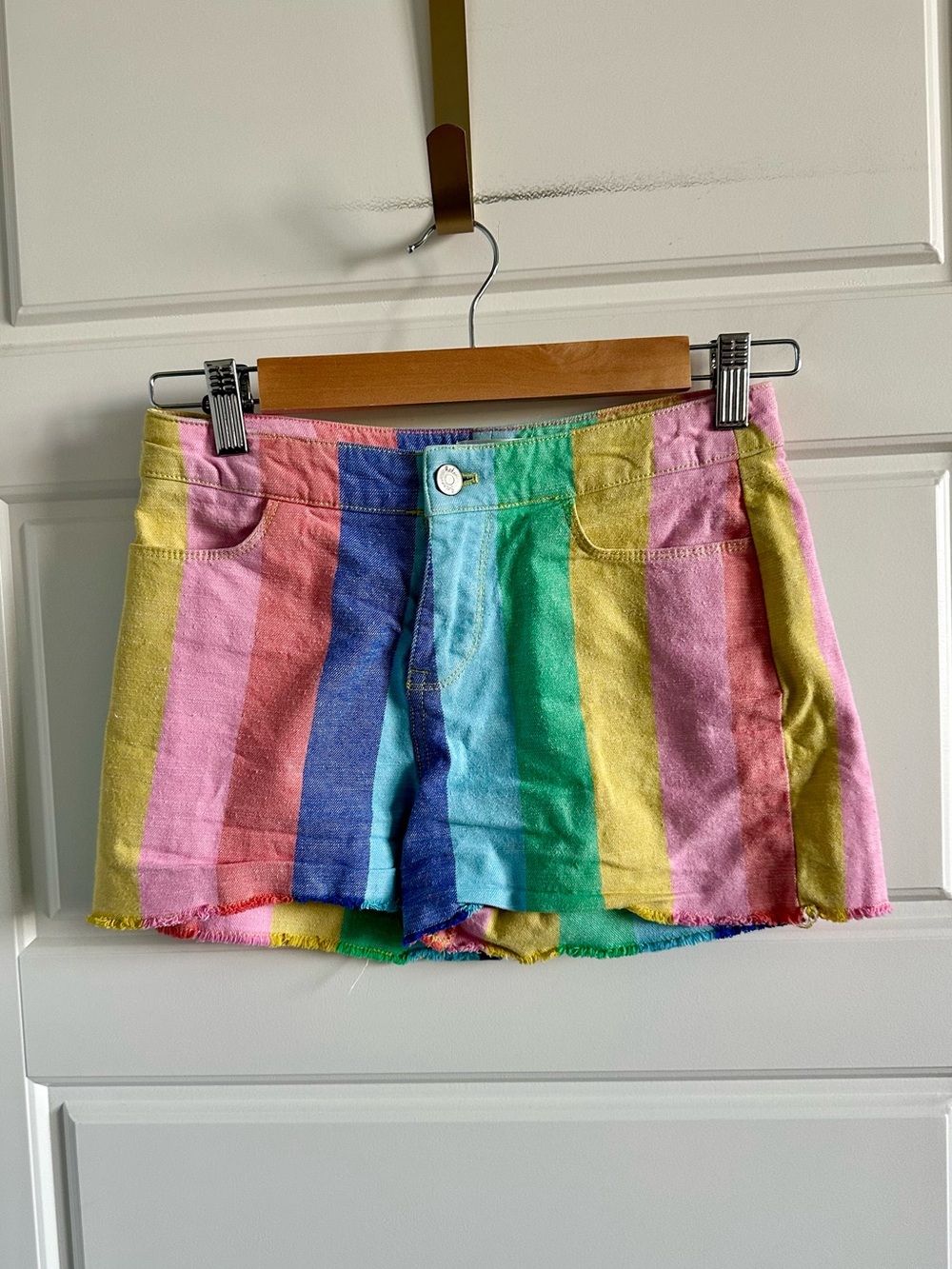 Boden 13Y Girls Rainbow Stripe Denim Cutoff Shorts Colorful Frayed Raw Hem Kids